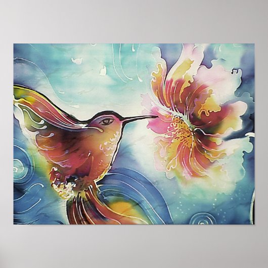HummingBird en Vloeiende Zijde Kunst schilderen Poster (Voorkant)