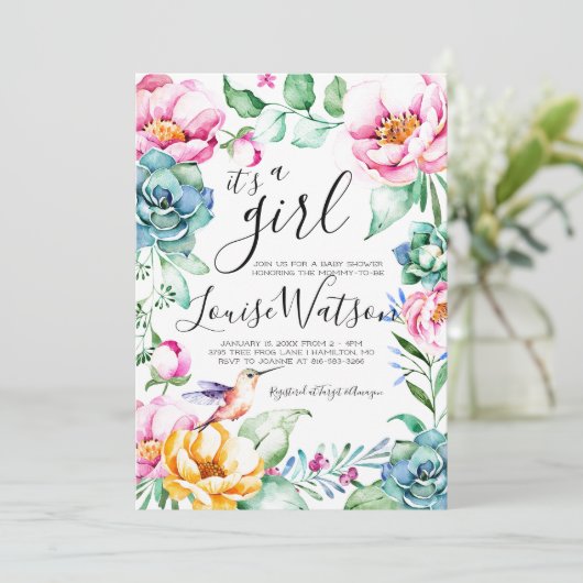 Hummingbird Floral Baby shower Invitation Kaart (Staand voorkant)