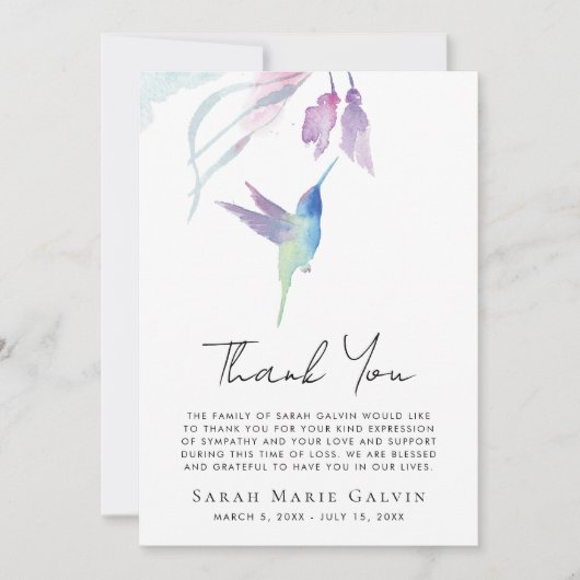 Hummingbird Floral Waterverf Funeral Memorial Bedankkaart (Voorkant)