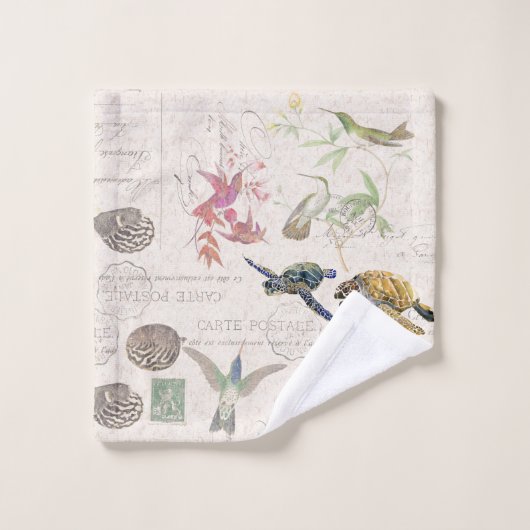Hummingbird Floral Zee Turtle French Ephemera Bad Handdoek (Wasdoekje)