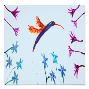 Hummingbird Flowers Floral Bird Art Foto Afdruk