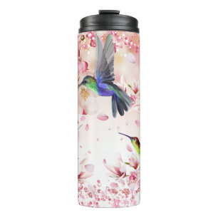 Hummingbird Flowers Pink Glitter Thermosbeker