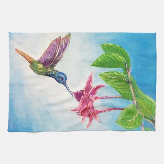 Hummingbird, fuschia, bloemen, theedoek (Horizontaal)