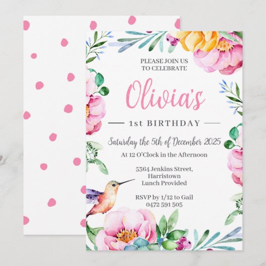 Hummingbird Girls Verjaardagsfeestje Uitnodiging R (Voorkant / Achterkant)