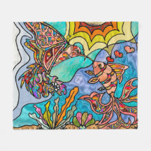 Hummingbird Goldfish Reflection Art Fleece Blanket