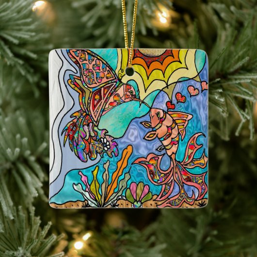 Hummingbird Goldfish Reflection Art Keramisch Ornament (Boom)