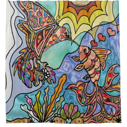 Hummingbird Goldfish Reflection Art Showgordijn Douchegordijn (Voorkant)