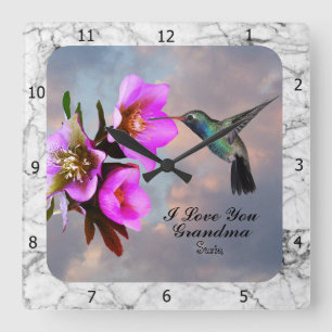HUMMINGBIRD-GRANDMA SQUARE WALL CLOCK VIERKANTE KLOK