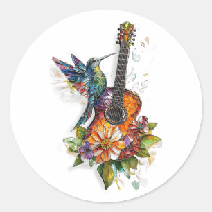 Hummingbird Guitar Floral Musician Natuur Lover Bi Ronde Sticker