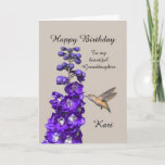 Hummingbird Happy Birthday Granddaughter, Kari Kaart<br><div class="desc">"Hummingbird Happy Birthday Granddaughter" by Catherine Sherman.
A hummingbird sipping nectar from a purple delphinium creates a beautiful greeting for a birthday. You can personalize this card with any name and main.</div>