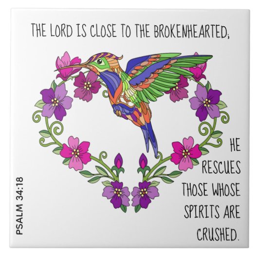 Hummingbird & Heart, met vers van Psalm 34:18 Tegeltje (Voorkant)