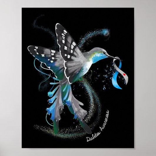 Hummingbird Holding Grey Blue Ribbon T1d Diabetes Poster (Voorkant)