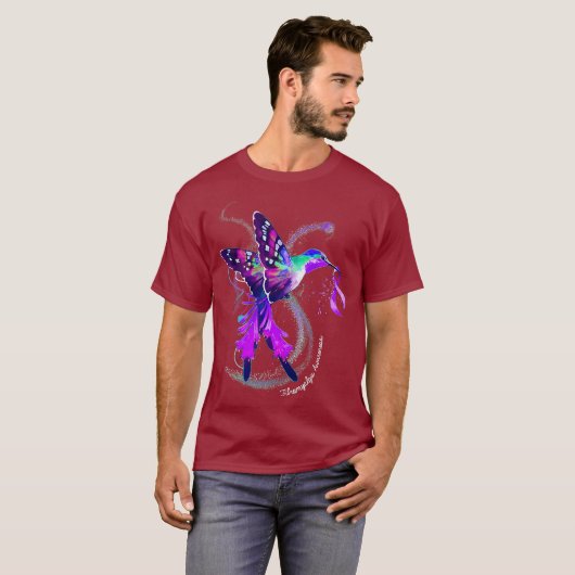 Hummingbird Holding Paars lintfibromyalgie T-shirt (Voorkant volledig)