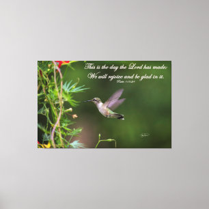 Hummingbird in Flight Psalm 118:24 Bijbelverse Canvas Afdruk
