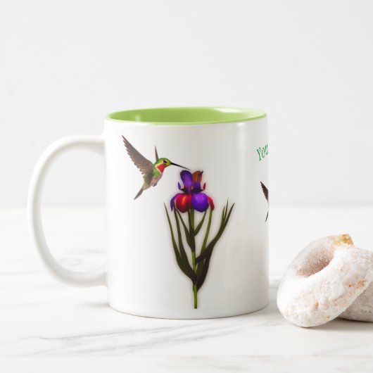 Hummingbird Iris Flower Personalized Tweekleurige Koffiemok (Met donut)