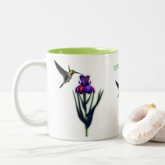 Hummingbird Iris Flower Personalized Tweekleurige Koffiemok (Met donut)