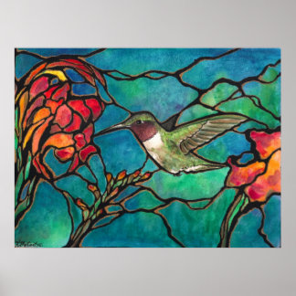 "Hummingbird Melody" unieke "gekleurd glas" kunst Poster