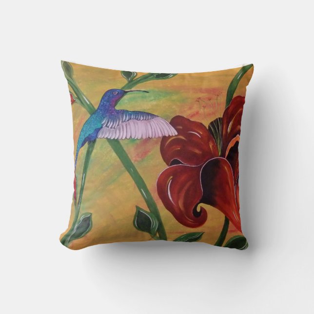 Hummingbird met Tiger Lily Pillow Kussen (Voorkant)