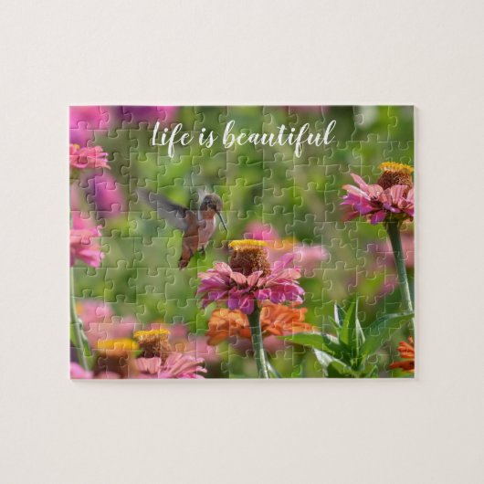 Hummingbird met Zinnia Flowers Legpuzzel (Horizontaal)