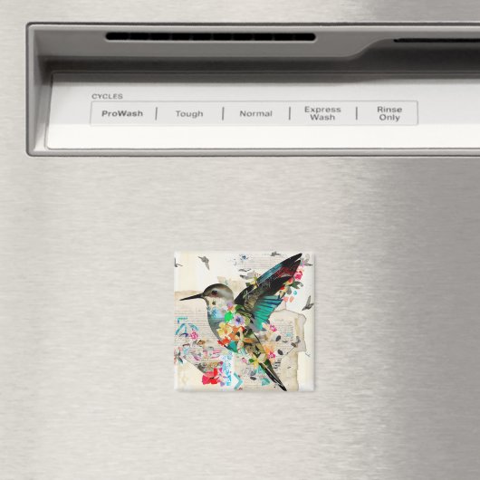 Hummingbird Mixed Media Art Collage Magnet (Insitu (Vaatwasser))