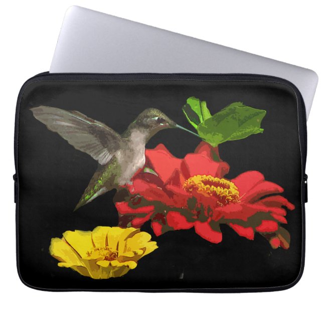 Hummingbird on Red and Yellow Zinnias Laptop Sleeve (Voorkant)