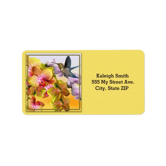 Hummingbird op Lilacs en Orchids op Geel Etiket (Voorkant)