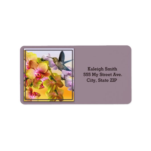 Hummingbird op Lilacs en Orchids op Paars Etiket (Voorkant)