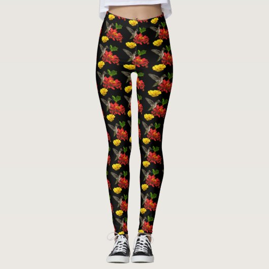 Hummingbird op Red Yellow Flowers Leggings (Voorkant)