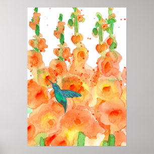 Hummingbird Oranje Hollyhocks Flowers Poster