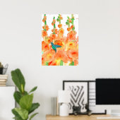 Hummingbird Oranje Hollyhocks Flowers Poster (Thuiskantoor)