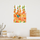 Hummingbird Oranje Hollyhocks Flowers Poster (Keuken)