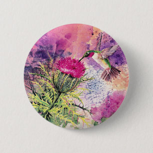 Hummingbird Paars Thistle Art Print Ronde Button 5,7 Cm