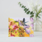 Hummingbird, Paarse Lilacs, gele roze orchideeën Briefkaart (Staand voorkant)