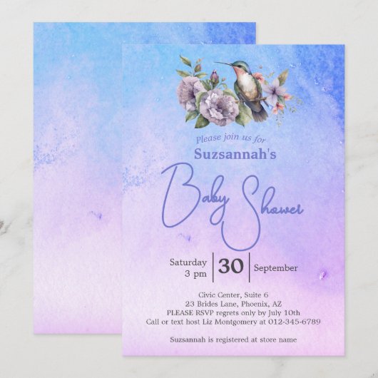 Hummingbird Pastel Watercolor Baby Shower  Kaart (Voorkant / Achterkant)