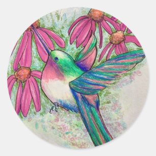 Hummingbird Pink Coneflowers Waterverf Ronde Sticker