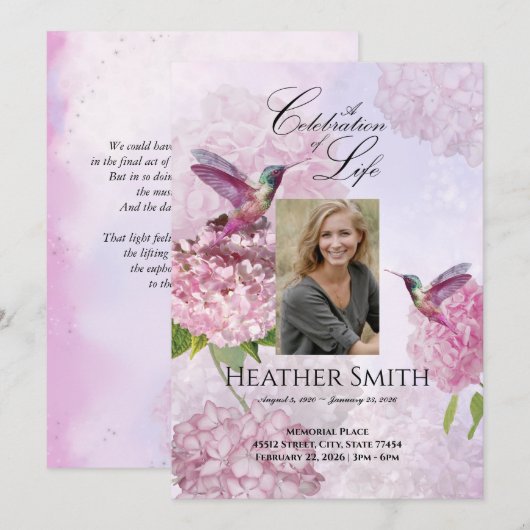 Hummingbird Pink Hydrangeas Celebration of Life Kaart (Voorkant / Achterkant)