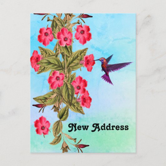 Hummingbird Red Flowers Blue Shades Background Aankondigingskaart (Voorkant)