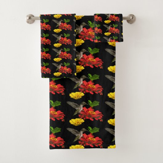 Hummingbird Red Yellow Flowers Pattern Bath Towels Bad Handdoek (Insitu)