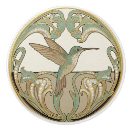 Hummingbird Sage Green & Gold Art Deco Nouveau Keramische Knop