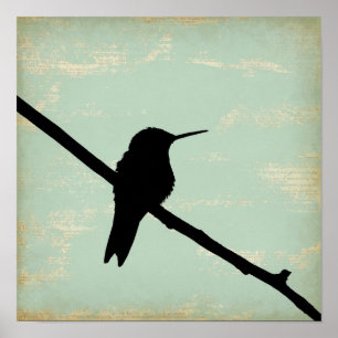 Hummingbird Silhouette op Blue Grunge Background Poster
