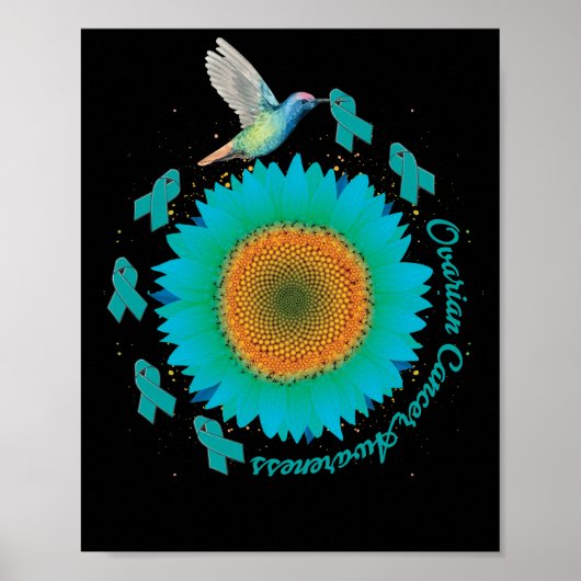Hummingbird Sunflower Blauwgroen Ribbon Ovarium Ca Poster (Voorkant)