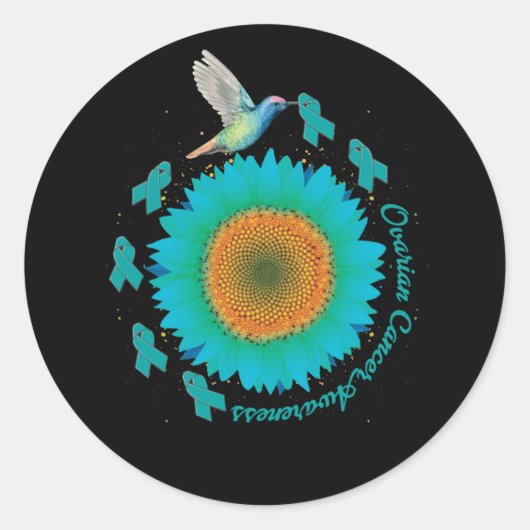 Hummingbird Sunflower Teal Ribbon Ovarian Cancer Ronde Sticker (Voorkant)
