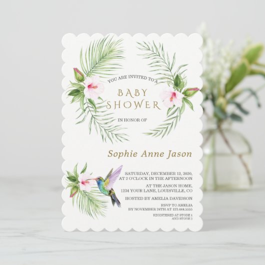 Hummingbird Tropical Flowers Baby Shower Kaart (Staand voorkant)