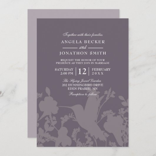 Hummingbird Tuin Plum Elegante bruiloft uitnodigin Kaart (Voorkant / Achterkant)