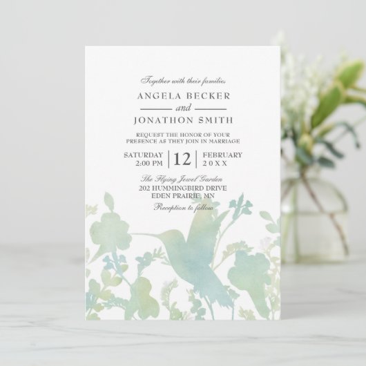 Hummingbird Tuin Waterverf Elegant Bruiloft Kaart (Staand voorkant)