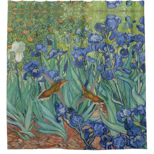Hummingbird Van Gogh Iris Flowers Showgordijn Douchegordijn (Voorkant)