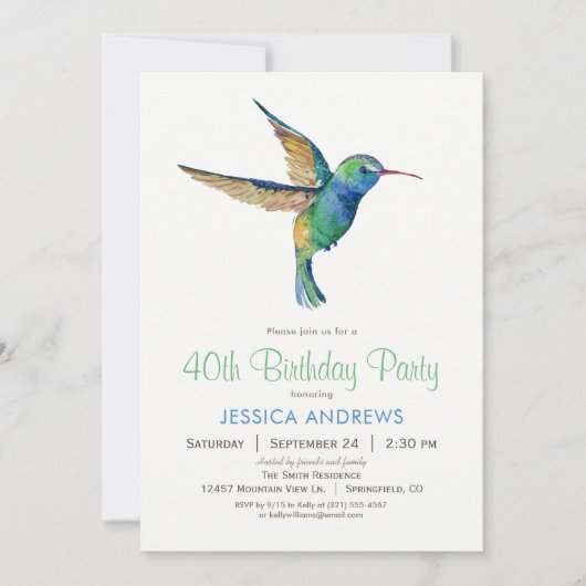 Hummingbird verjaardagsfeestje uitnodiging (Voorkant)