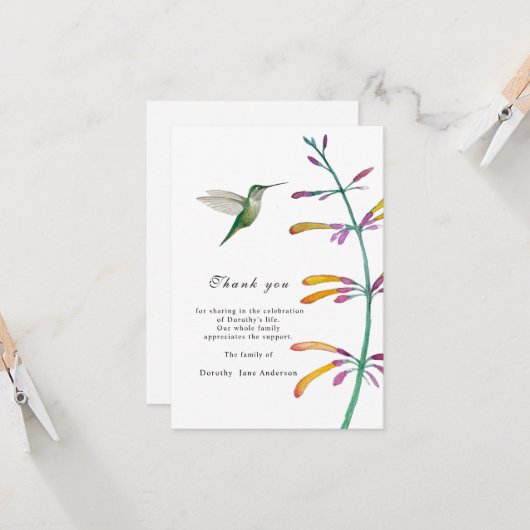 Hummingbird Viering van het Leven Dank u Card Kaart (Voorkant / Achterkant in situ)