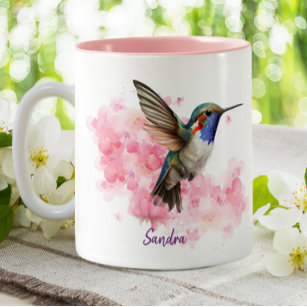Hummingbird Waterverf Pink Floral Personalized Tweekleurige Koffiemok