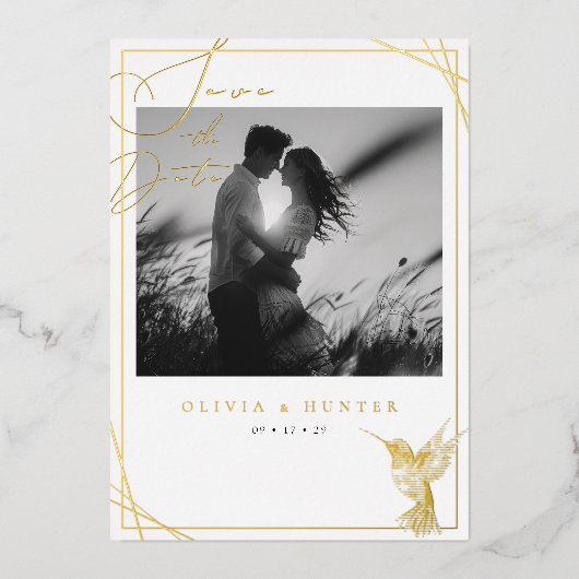 Hummingbird Wedding Save the Date Zwart-wit Folie Uitnodiging (Voorkant)